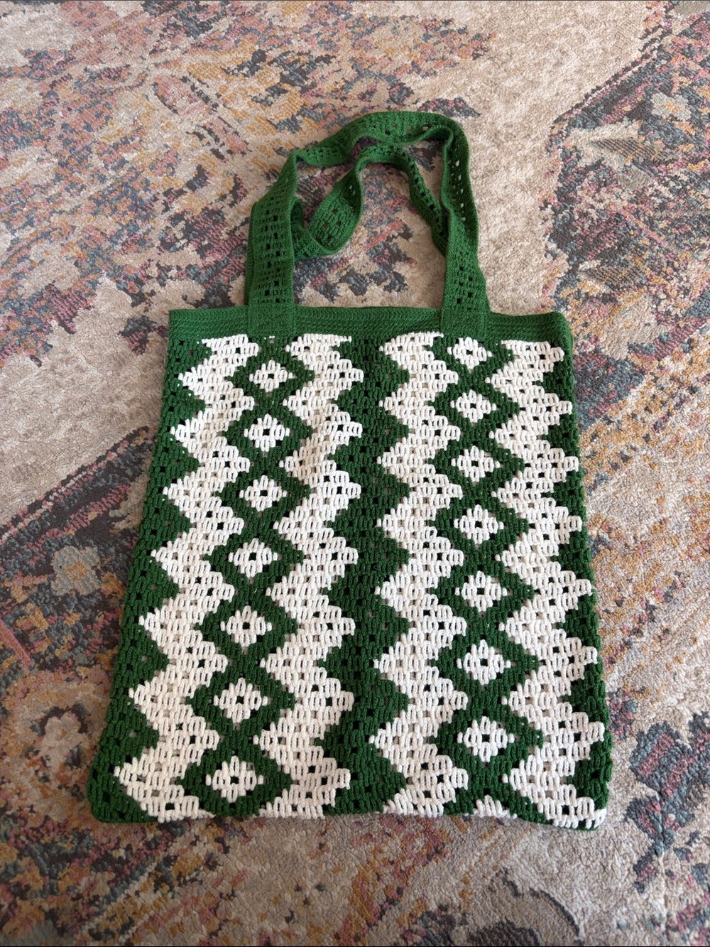 Handmade Green and White Crochet Tote Bag